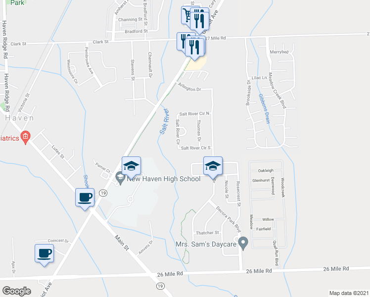 map of restaurants, bars, coffee shops, grocery stores, and more near 32358 Salt River Circle in New Haven