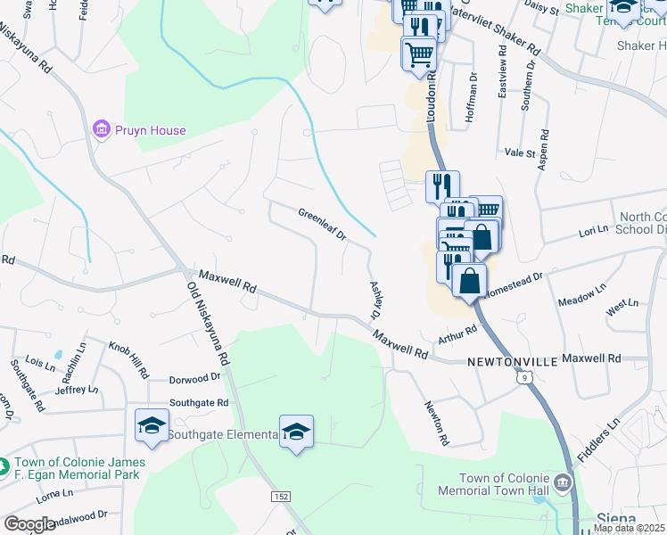 map of restaurants, bars, coffee shops, grocery stores, and more near 12 Bedford Drive in Latham