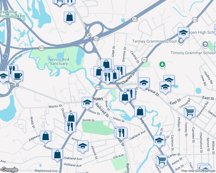 map of restaurants, bars, coffee shops, grocery stores, and more near 45 Osgood Street in Methuen