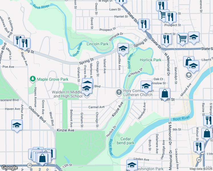 map of restaurants, bars, coffee shops, grocery stores, and more near 2120 Rupert Boulevard in Racine