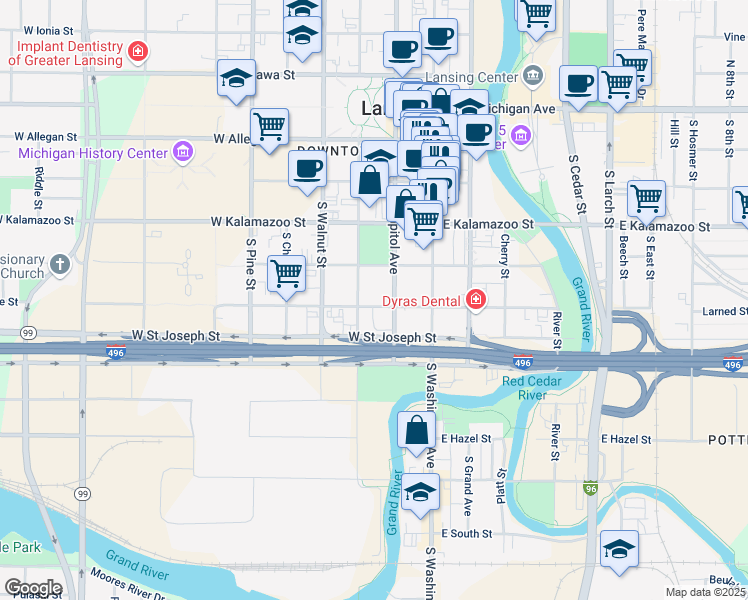 map of restaurants, bars, coffee shops, grocery stores, and more near 216 West Hillsdale Street in Lansing