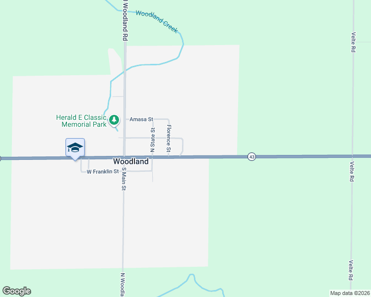 map of restaurants, bars, coffee shops, grocery stores, and more near 301 East Broadway Street in Woodland