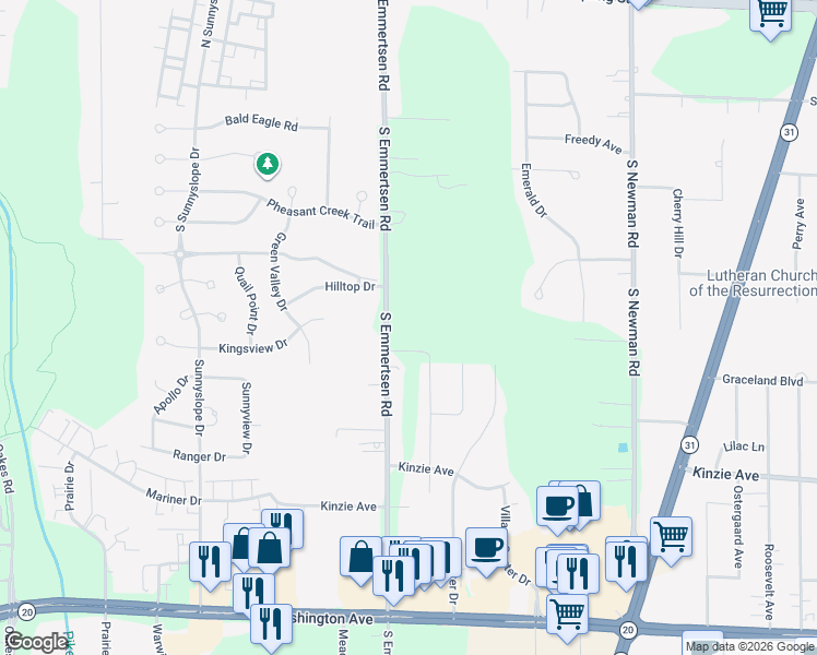 map of restaurants, bars, coffee shops, grocery stores, and more near 515 South Emmertsen Road in Mount Pleasant