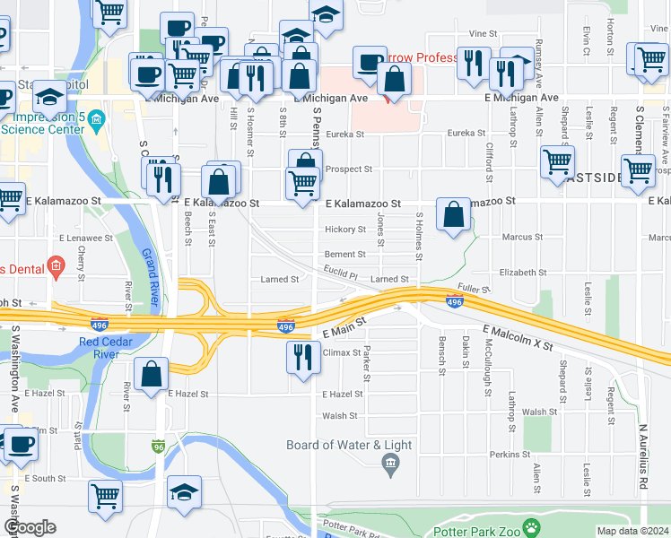 map of restaurants, bars, coffee shops, grocery stores, and more near 1021 Euclid Place in Lansing