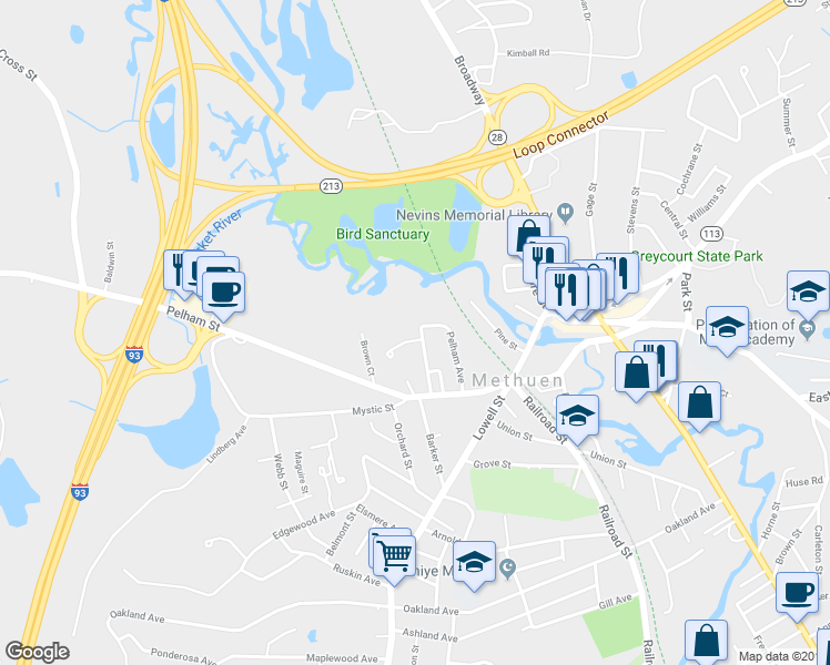map of restaurants, bars, coffee shops, grocery stores, and more near 32 Peaslee Terrace in Methuen