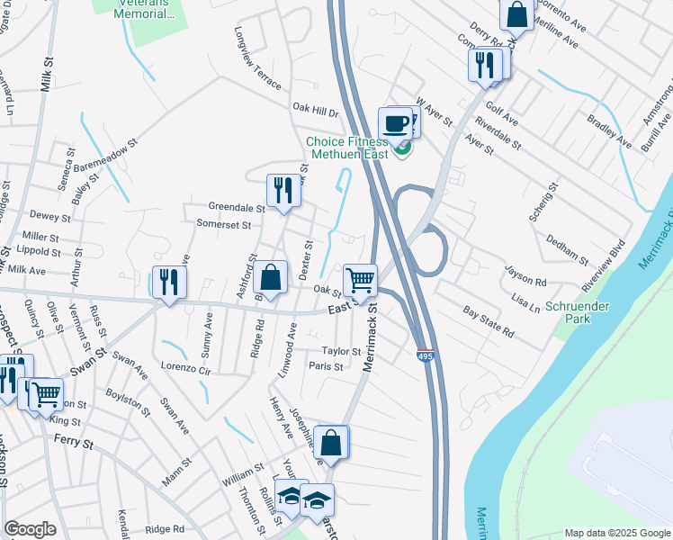 map of restaurants, bars, coffee shops, grocery stores, and more near 21 Oak Street in Methuen