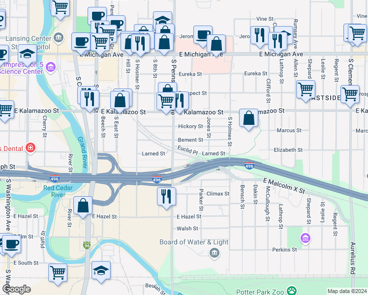 map of restaurants, bars, coffee shops, grocery stores, and more near 1021 Euclid Place in Lansing