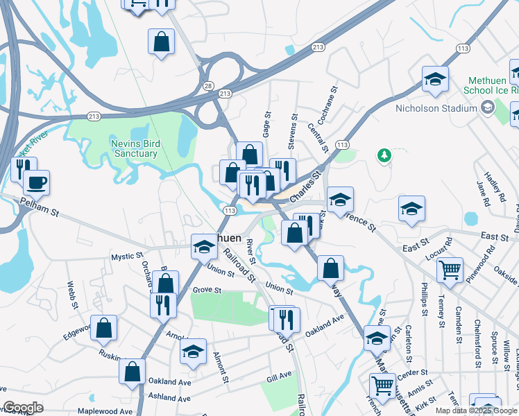 map of restaurants, bars, coffee shops, grocery stores, and more near 45 Osgood Street in Methuen