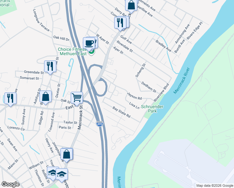 map of restaurants, bars, coffee shops, grocery stores, and more near 20 Calumet Road in Methuen