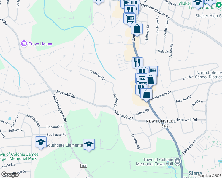 map of restaurants, bars, coffee shops, grocery stores, and more near 16 Ashley Drive in Latham