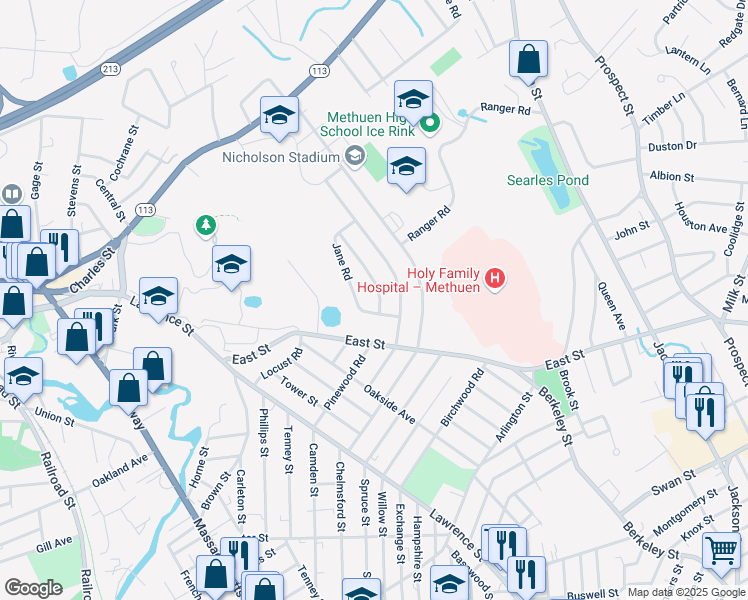 map of restaurants, bars, coffee shops, grocery stores, and more near 6 Hadley Road in Methuen