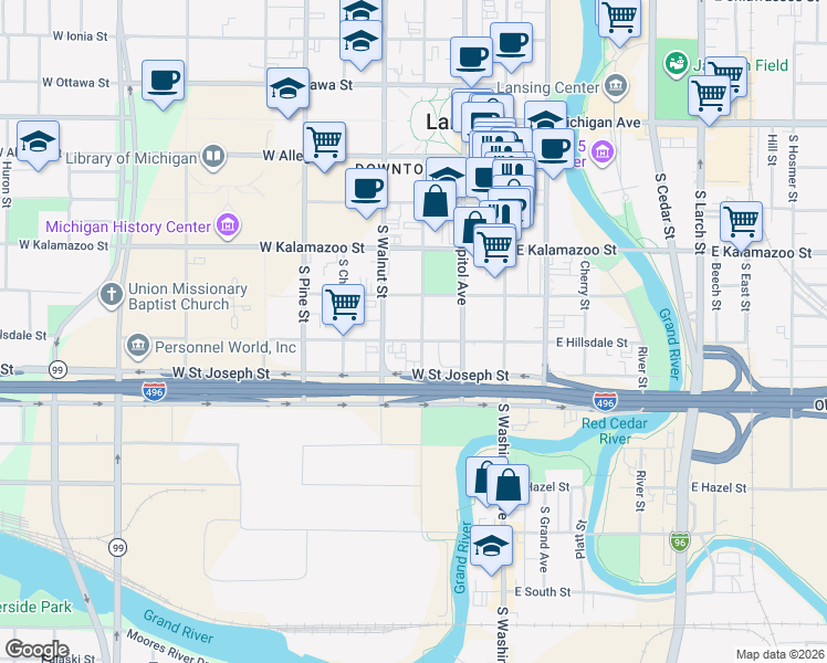 map of restaurants, bars, coffee shops, grocery stores, and more near 320 West Hillsdale Street in Lansing