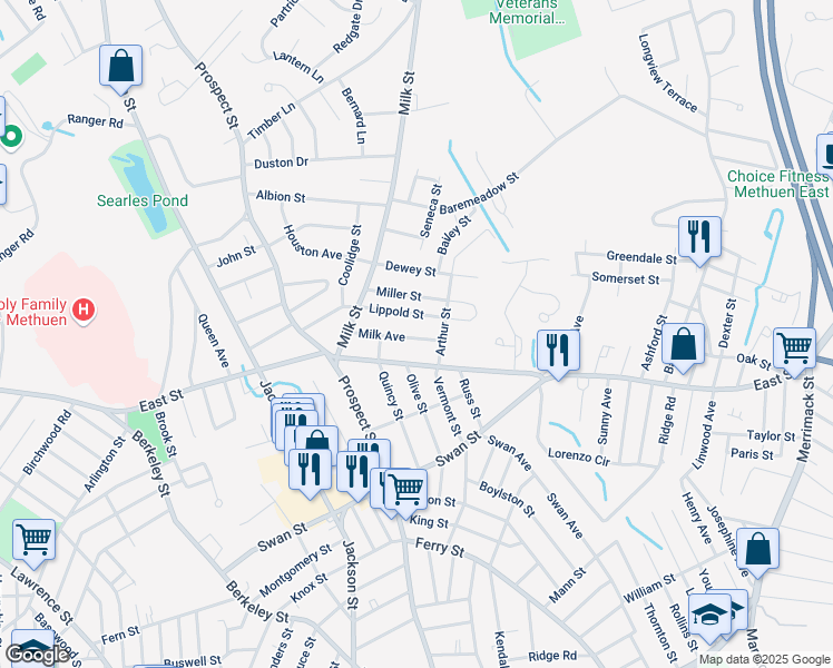 map of restaurants, bars, coffee shops, grocery stores, and more near 37 Milk Avenue in Methuen
