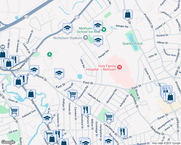 map of restaurants, bars, coffee shops, grocery stores, and more near 6 Hadley Road in Methuen