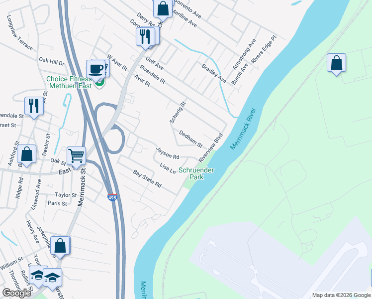 map of restaurants, bars, coffee shops, grocery stores, and more near 57 Vida St in Methuen