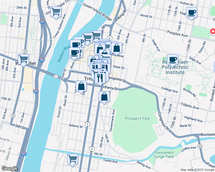map of restaurants, bars, coffee shops, grocery stores, and more near in Troy