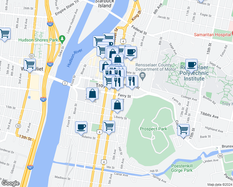 map of restaurants, bars, coffee shops, grocery stores, and more near in Troy