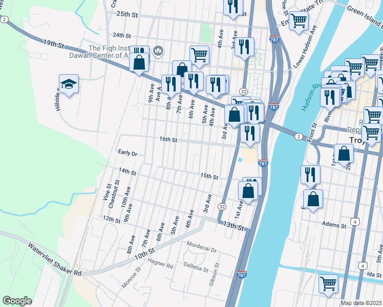 map of restaurants, bars, coffee shops, grocery stores, and more near 1526 6th Avenue in Watervliet