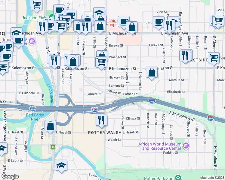 map of restaurants, bars, coffee shops, grocery stores, and more near 1021 Euclid Place in Lansing