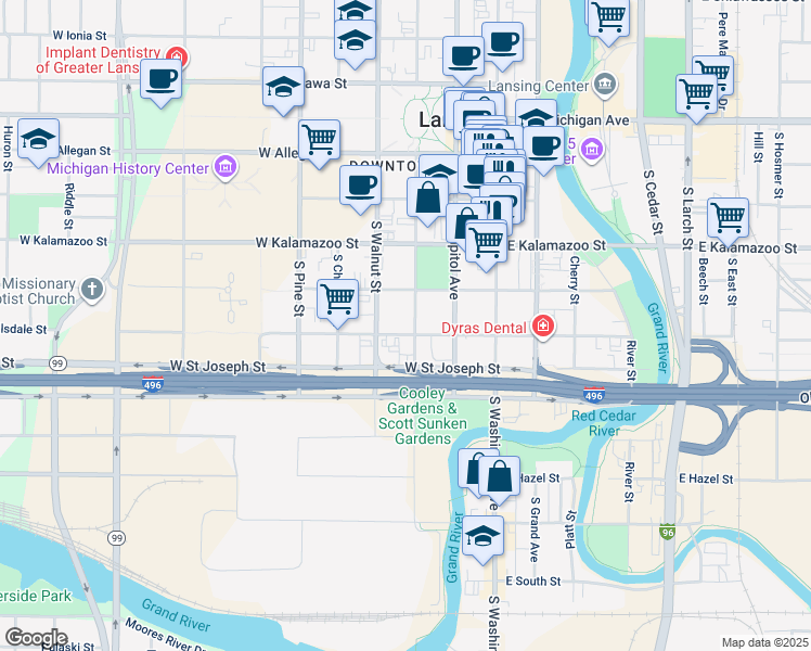 map of restaurants, bars, coffee shops, grocery stores, and more near 320 West Hillsdale Street in Lansing
