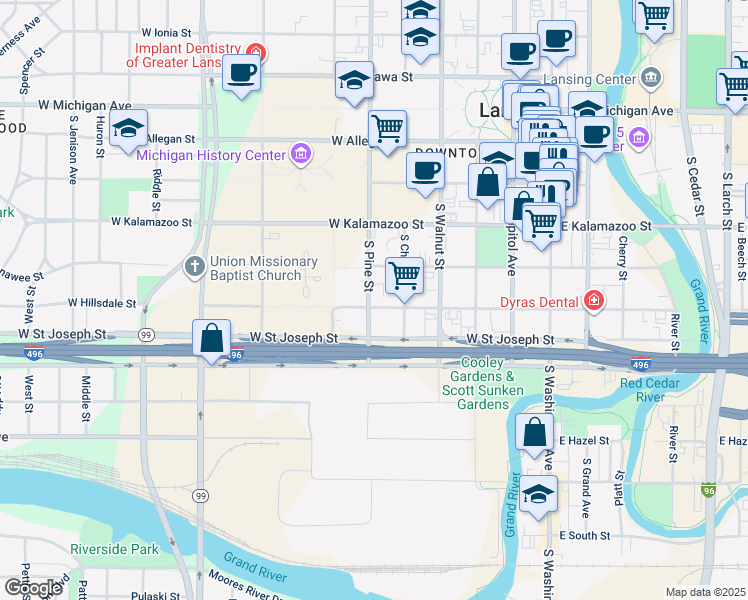 map of restaurants, bars, coffee shops, grocery stores, and more near 516 West Hillsdale Street in Lansing
