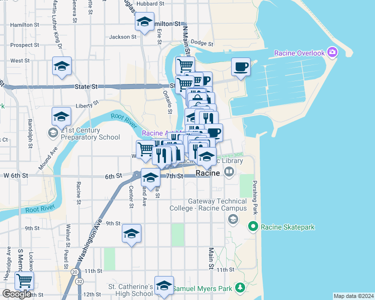 map of restaurants, bars, coffee shops, grocery stores, and more near 500 Wisconsin Avenue in Racine