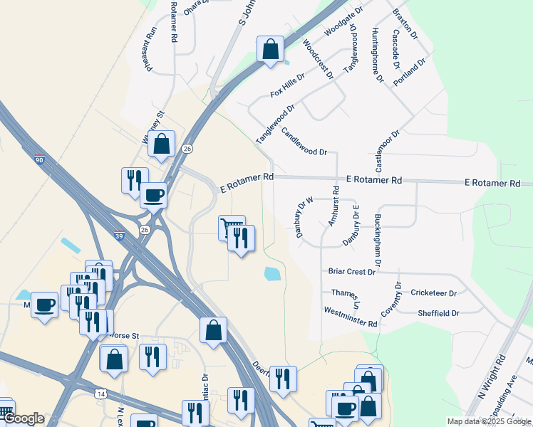 map of restaurants, bars, coffee shops, grocery stores, and more near 2990 East Rotamer Road in Janesville