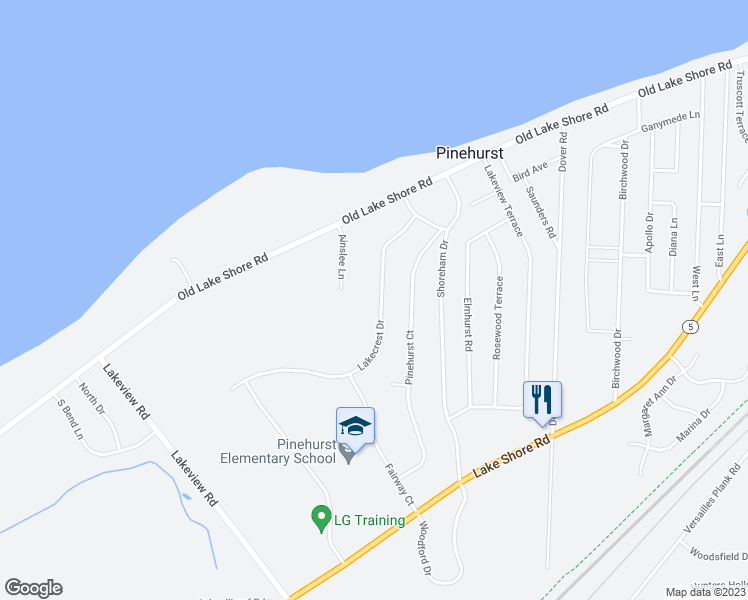 map of restaurants, bars, coffee shops, grocery stores, and more near 5866 Lakecrest Drive in Lake View