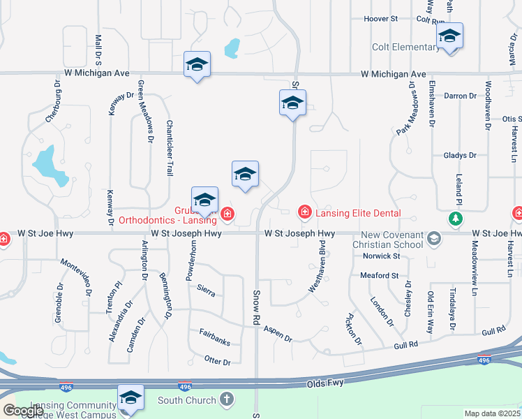 map of restaurants, bars, coffee shops, grocery stores, and more near 620 Snow Road in Lansing