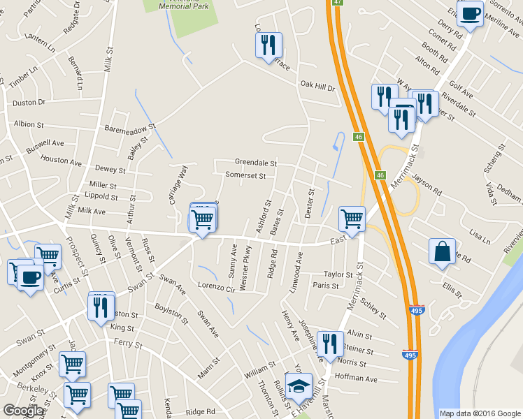 map of restaurants, bars, coffee shops, grocery stores, and more near 22 Ashford St in Methuen