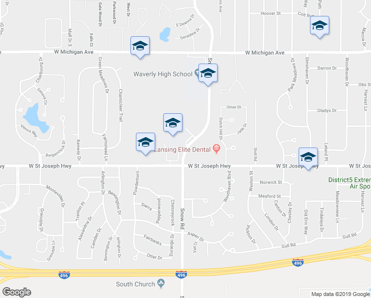 map of restaurants, bars, coffee shops, grocery stores, and more near 620 Snow Road in Lansing