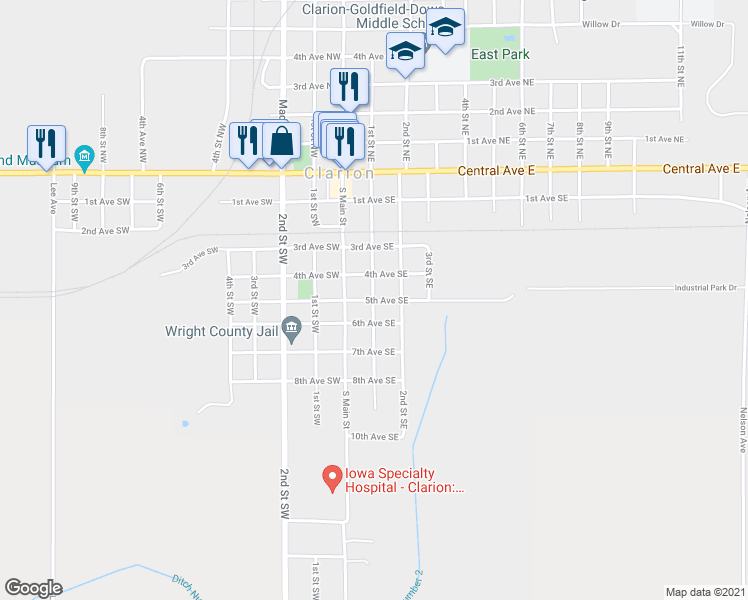 map of restaurants, bars, coffee shops, grocery stores, and more near 200 5th Avenue Southeast in Clarion