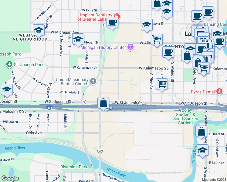 map of restaurants, bars, coffee shops, grocery stores, and more near 914 West Hillsdale Street in Lansing