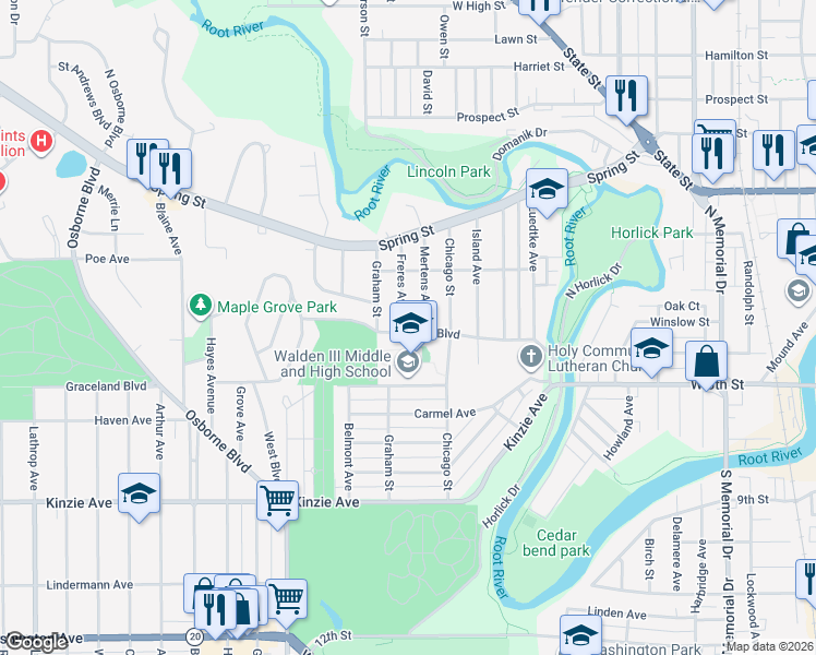 map of restaurants, bars, coffee shops, grocery stores, and more near 425 Freres Avenue in Racine