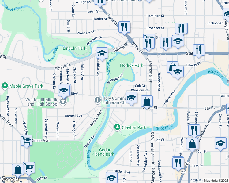 map of restaurants, bars, coffee shops, grocery stores, and more near 424 Parkview Drive in Racine