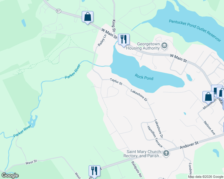map of restaurants, bars, coffee shops, grocery stores, and more near 30 Mohawk Circle in Georgetown