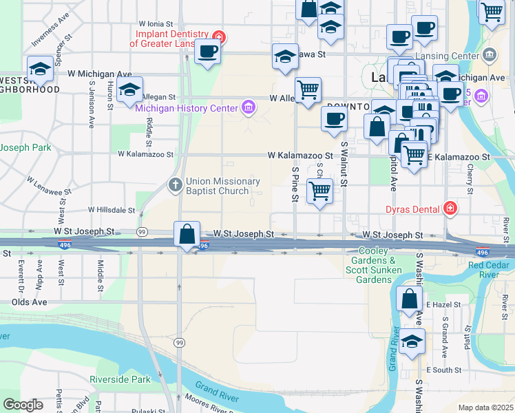 map of restaurants, bars, coffee shops, grocery stores, and more near 735 West Lenawee Street in Lansing