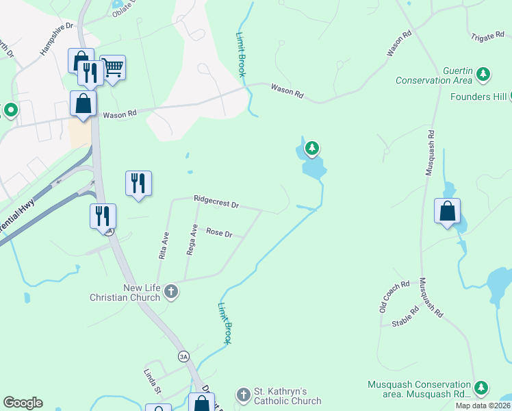 map of restaurants, bars, coffee shops, grocery stores, and more near 18 Ridgecrest Drive in Hudson