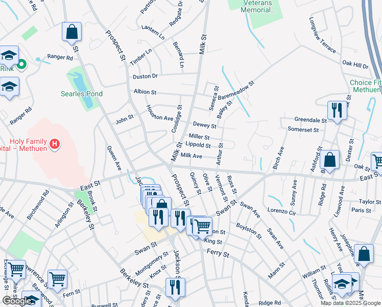 map of restaurants, bars, coffee shops, grocery stores, and more near 15 Milk Avenue in Methuen