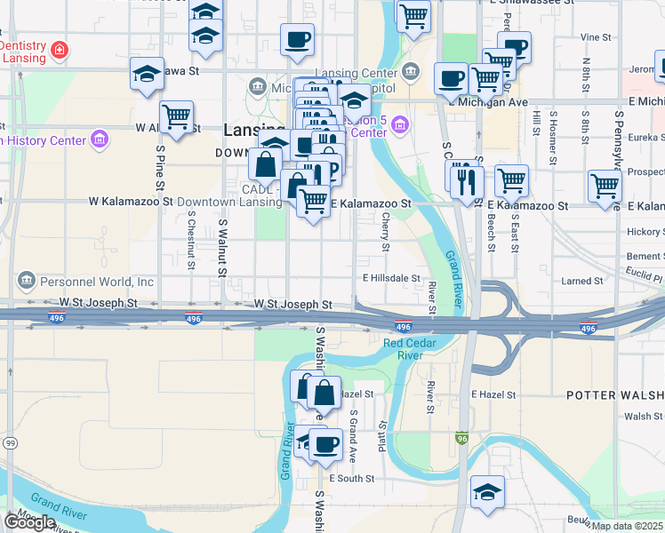 map of restaurants, bars, coffee shops, grocery stores, and more near 101 East Hillsdale Street in Lansing