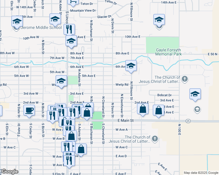 map of restaurants, bars, coffee shops, grocery stores, and more near 410 North Cleveland Street in Jerome