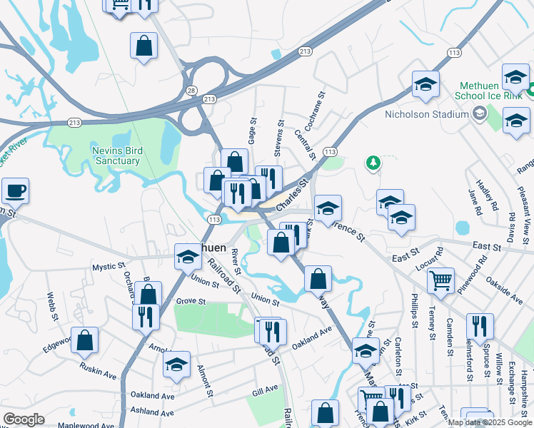 map of restaurants, bars, coffee shops, grocery stores, and more near 271 Broadway in Methuen