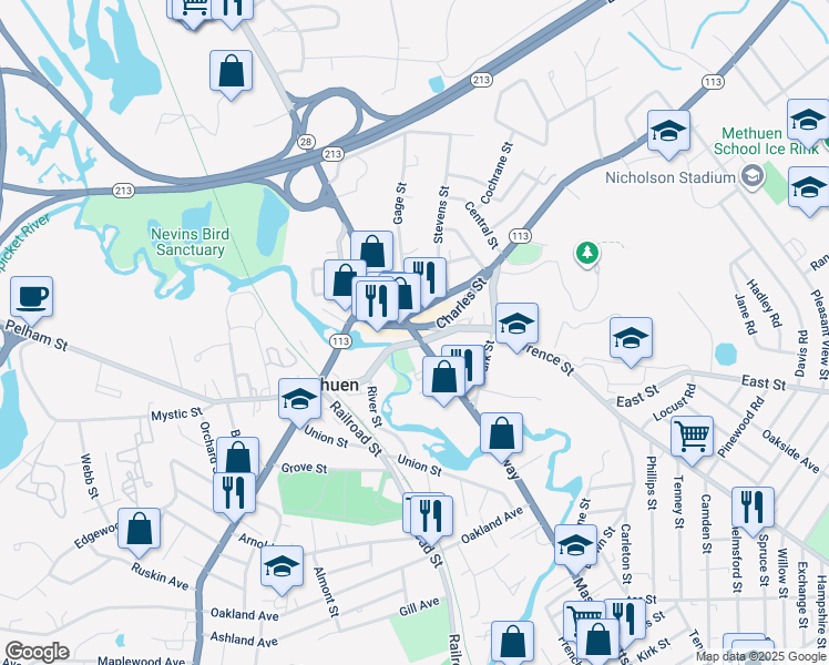 map of restaurants, bars, coffee shops, grocery stores, and more near 271 Broadway in Methuen