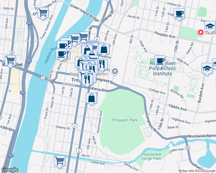 map of restaurants, bars, coffee shops, grocery stores, and more near 1521 6th Avenue in Troy
