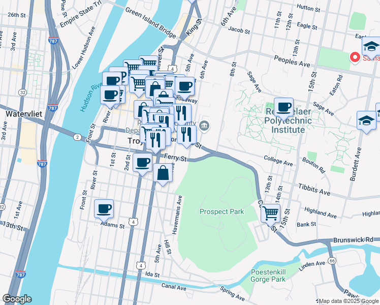 map of restaurants, bars, coffee shops, grocery stores, and more near 1521 6th Avenue in Troy