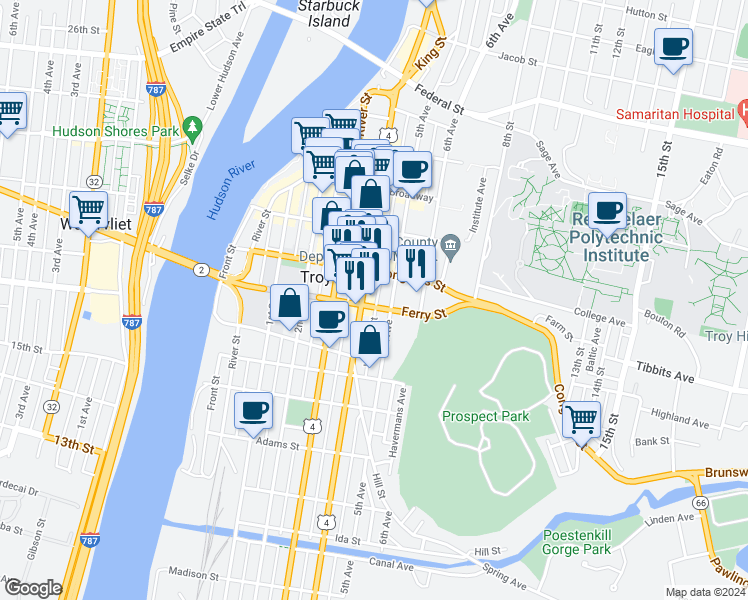 map of restaurants, bars, coffee shops, grocery stores, and more near 105 Ferry Street in Troy