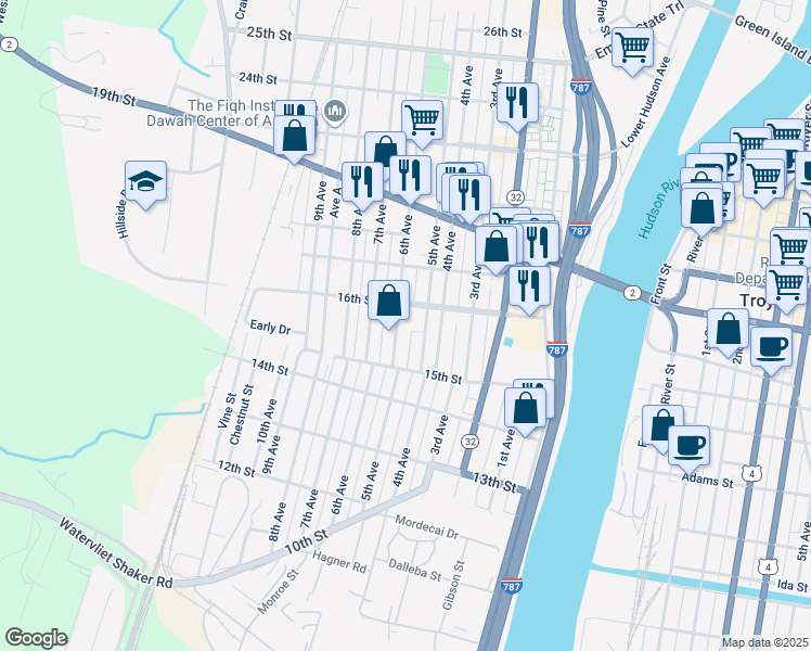 map of restaurants, bars, coffee shops, grocery stores, and more near 1526 6th Avenue in Watervliet