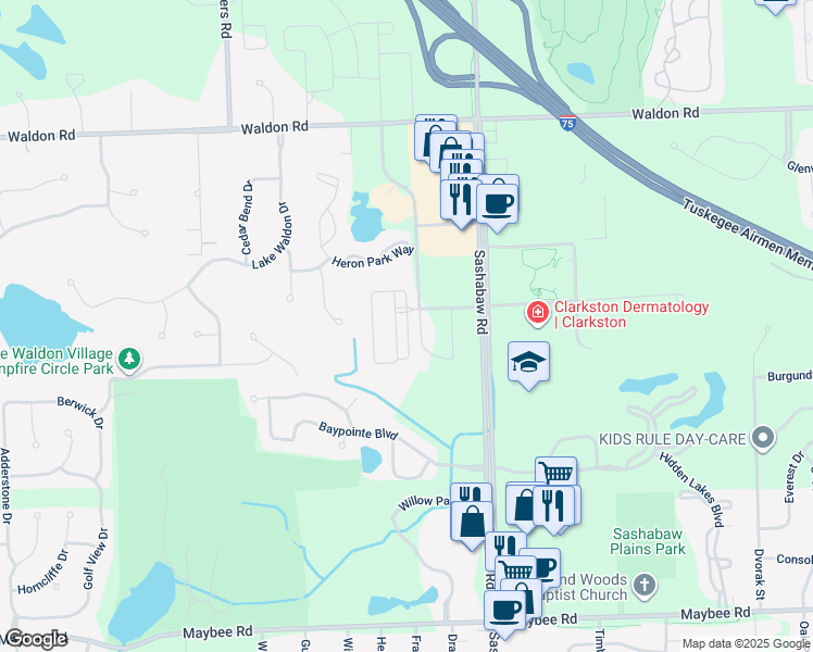 map of restaurants, bars, coffee shops, grocery stores, and more near 6351 Waldon Center Drive in Clarkston
