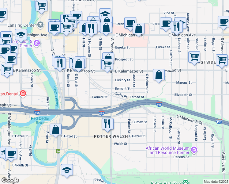 map of restaurants, bars, coffee shops, grocery stores, and more near 1021 Euclid Place in Lansing