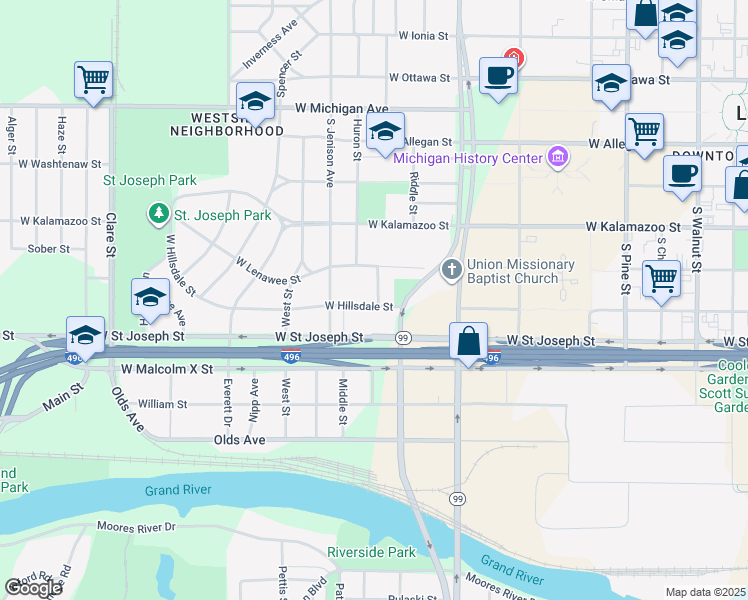 map of restaurants, bars, coffee shops, grocery stores, and more near 1316 West Hillsdale Street in Lansing